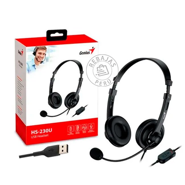 audifono Genius HS-230U con Micrófono USB y Cancelación de Ruido | Sonido Estéreo y Control en Línea